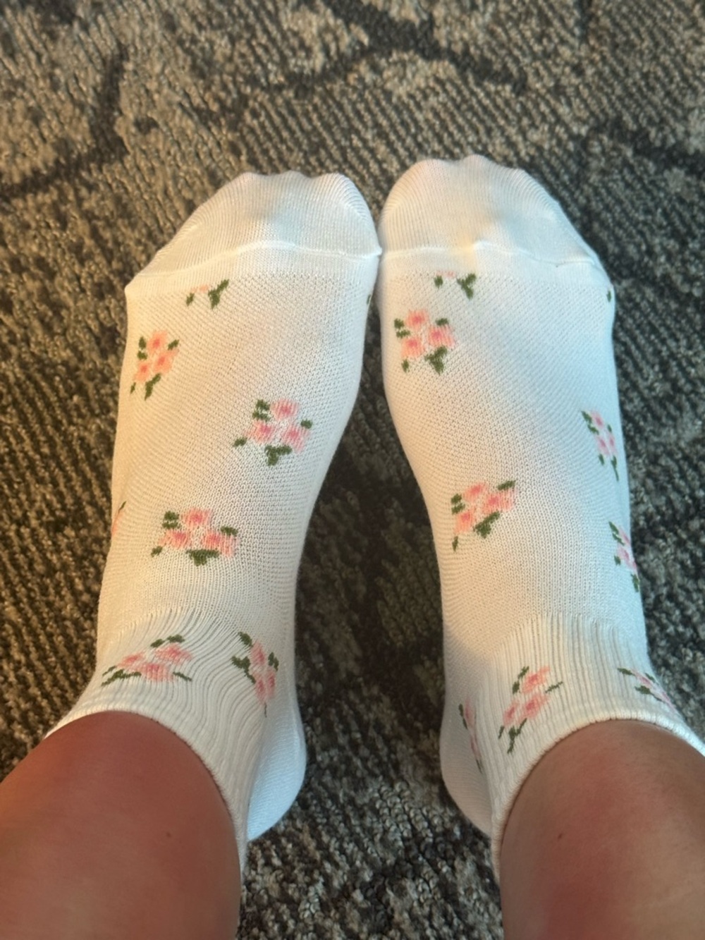 White Ankle Socks with Pink Floral Print